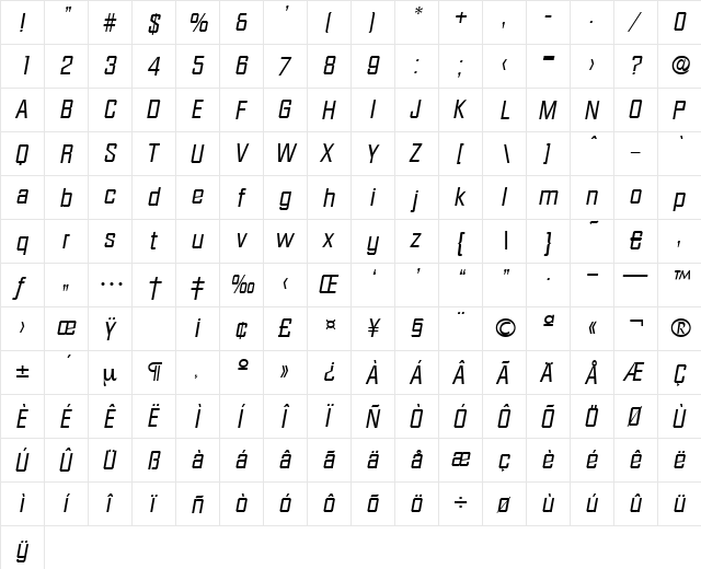 Diamante-RegularIta Regular  glyph index