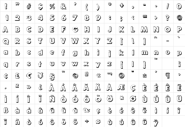 LiamBeckerShadow-ExtraBold Regular  glyph index