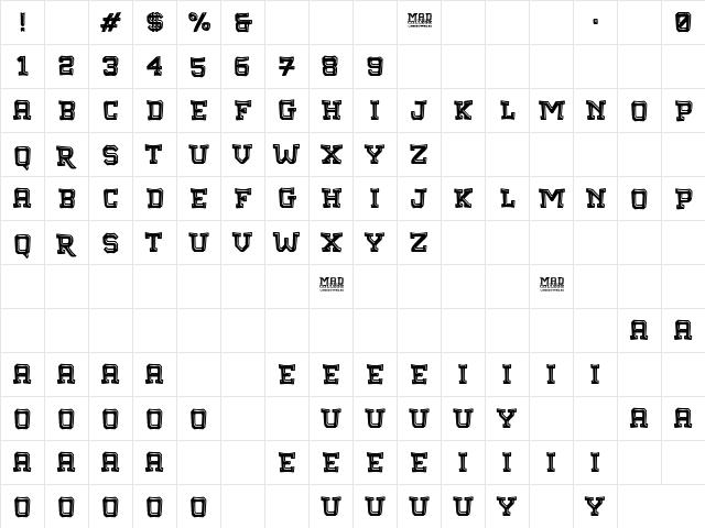 Mad College Regular  glyph index