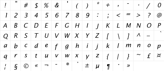 OfficeTypeSansC Italic  glyph index