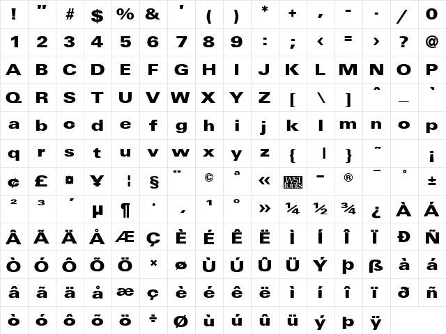 UniversalBlack Regular  glyph index