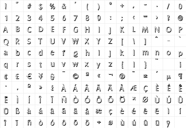 SalzburgShadow Regular  glyph index