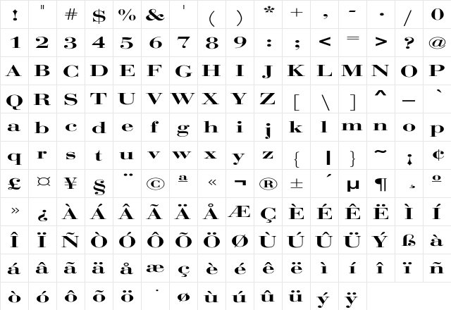 Bodoni Extended Regular  glyph index