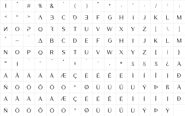 Luxerie Display Regular  glyph index