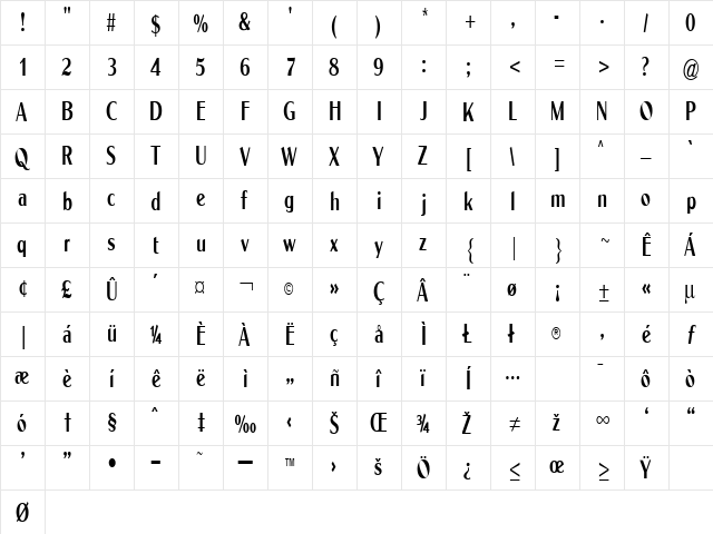 Sabina Bold  glyph index
