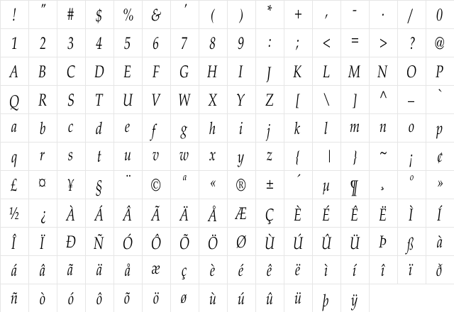 Palatino-Italic Cn Regular  glyph index