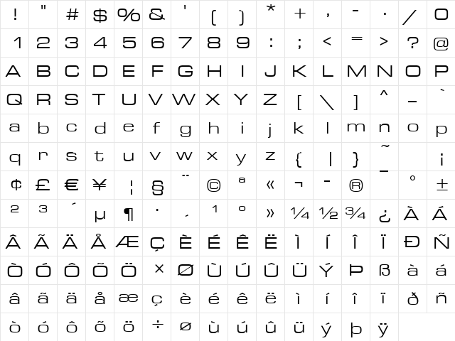 MicroSquare-Ex Regular  glyph index