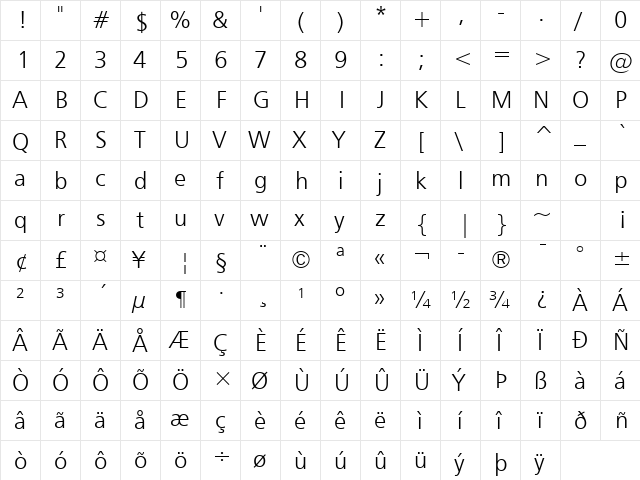 Humnst777 Lt BT Light  glyph index