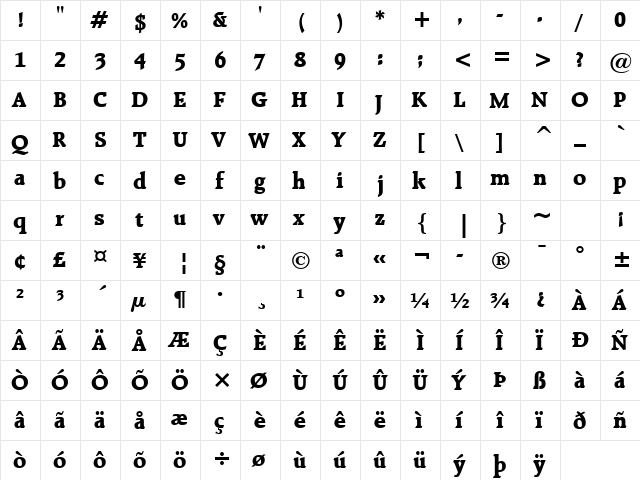 Raleigh Extra Bold  glyph index