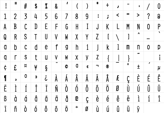 Clean Condensed Bold  glyph index