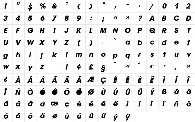 Avant_G-BoldItalic Regular  glyph index