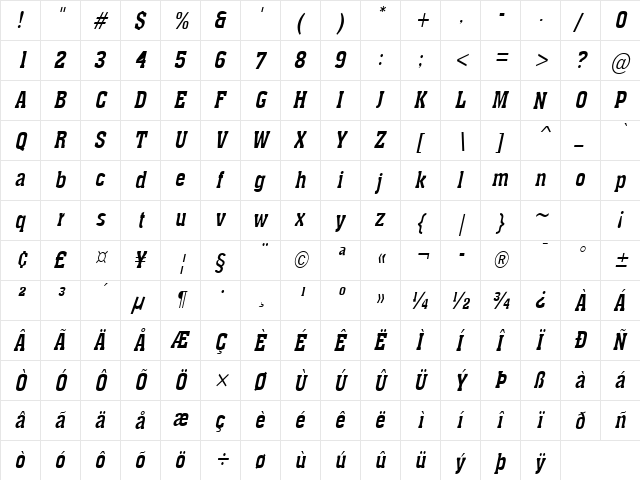 Ache-Condensed Italic  glyph index