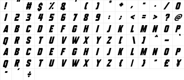 Tech Headlines Italic  glyph index