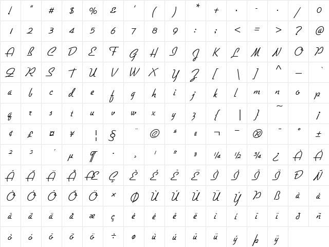 GilliamScript Regular  glyph index