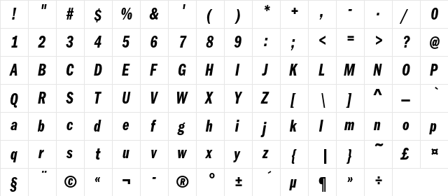 FranklinGothicDemiCmpC Italic  glyph index