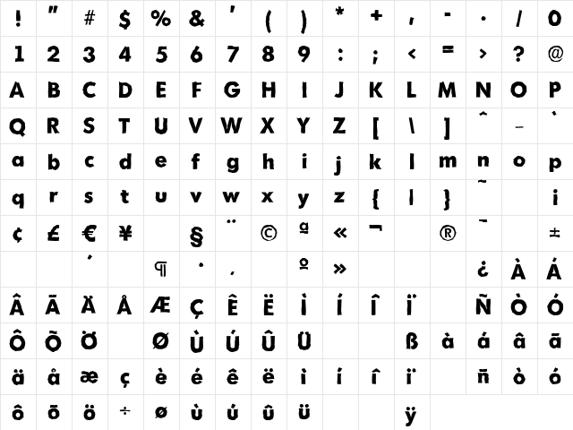 MontrealAntique-Xbold Regular  glyph index