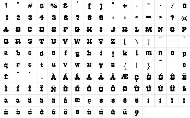 Rodding Regular  glyph index