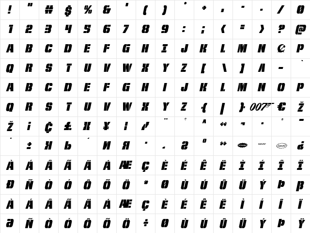 From BOND With Love Italic Italic  glyph index