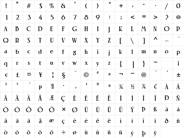 LTRowena Regular Heavy  glyph index