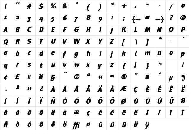 MetaPlusBlack-Italic Regular  glyph index