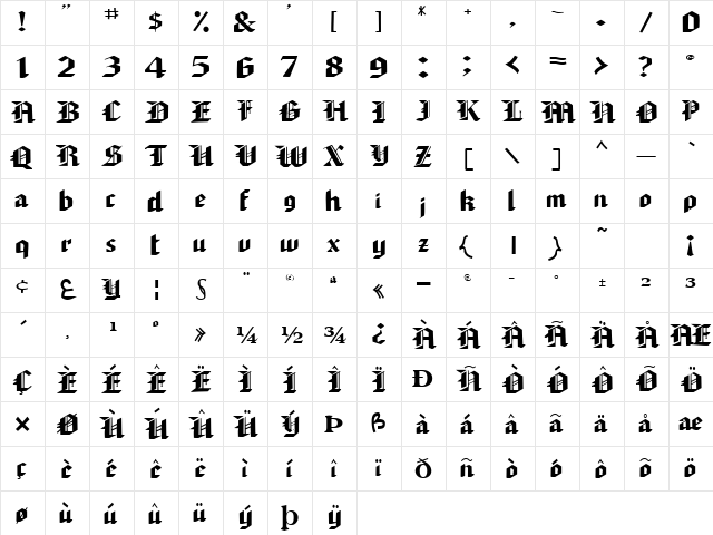 Sher Regular  glyph index