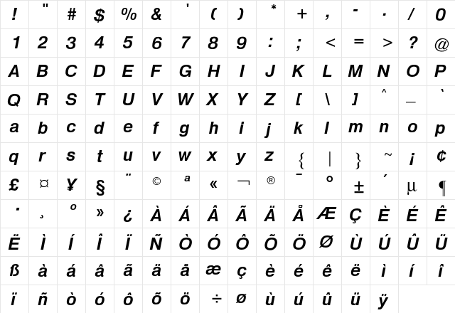 Heldustry CG Demi Italic  glyph index