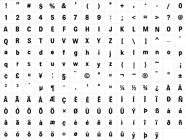 Brown Bold  glyph index