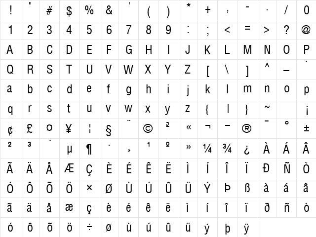 HelvCondensed Regular  glyph index