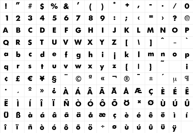 LimerickSerial-Xbold Regular  glyph index