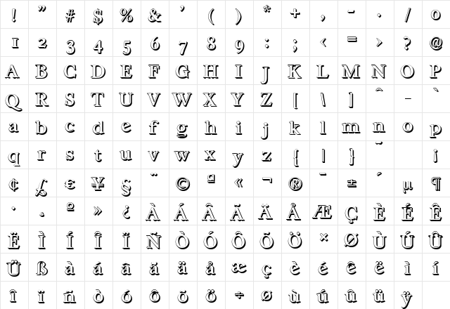 CasablancaShadow-Medium Regular  glyph index
