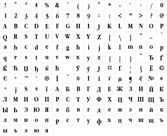 GaramondNarrowCTT Bold  glyph index