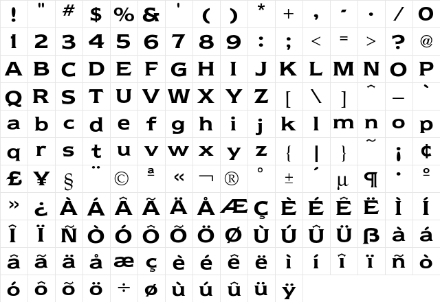 Newtext Demi  glyph index