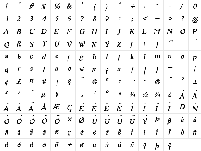 Freedom 9 Condensed BoldItalic  glyph index