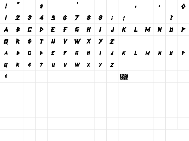PlanksDisplayCaps Bold Italic  glyph index