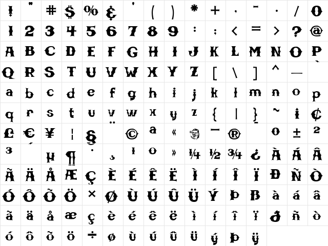 CBGBFontSolid Regular  glyph index