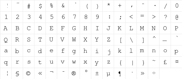 APCCourier-Regular Regular  glyph index