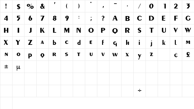 PaquetteDisplaySSK Regular  glyph index