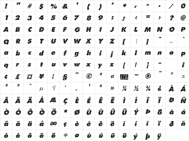 Shatter Italic  glyph index