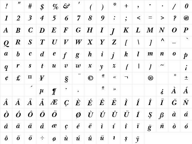 TR Baez Bold Italic  glyph index