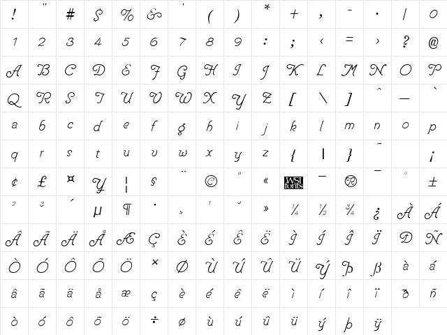 Pen Tip Regular  glyph index