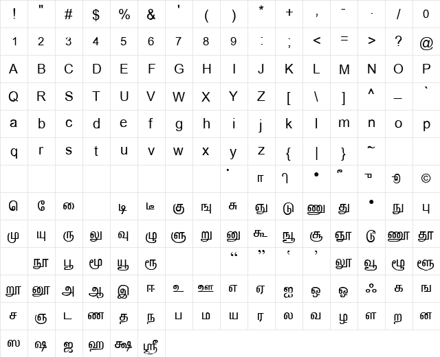 TAB-LT-Lakshman Regular  glyph index
