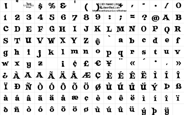 Crazy Harold Regular  glyph index