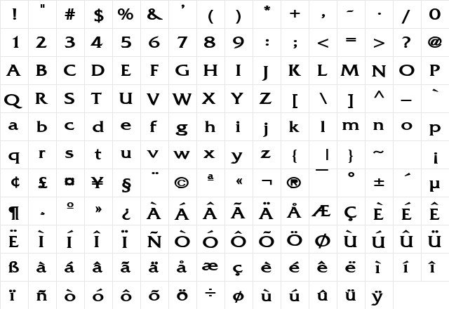 Franco Wide Bold  glyph index