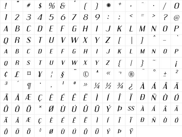 Engebrechtre Expanded Italic  glyph index