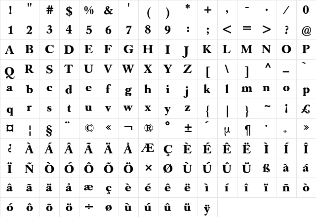 Caslon Buch BQ Regular  glyph index