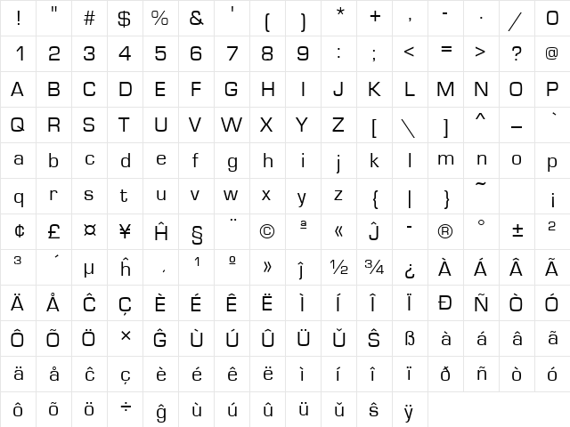 Eurostile Eo Regular  glyph index