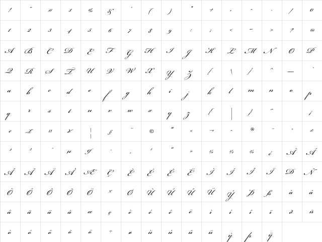 Bickham Script Pro Regular  glyph index