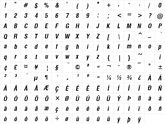 GenevaNrw Bold Italic  glyph index