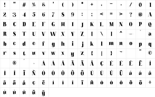 The Barista Regular  glyph index