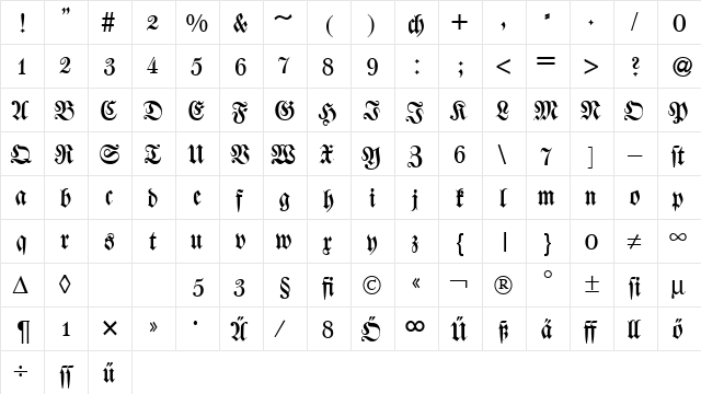 WalbaumFraktur Regular  glyph index
